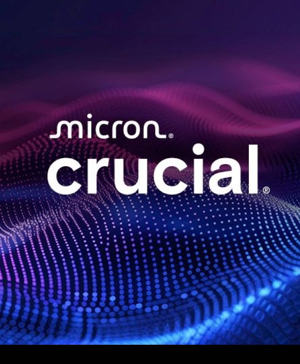 Micron Crucial logo floating over a wave of pinks and purples