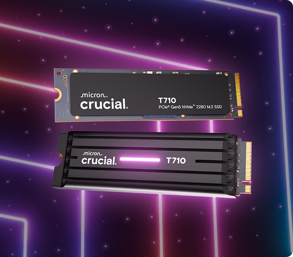 Crucial T710 and Crucial T710 with heatsink set against a purple and pink abstract design.