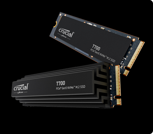 A Crucial T700 and Crucial T700 with heatsink set against a dark background.