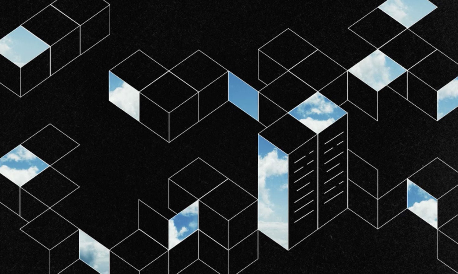 服务器形状的盒子，背景为云朵。