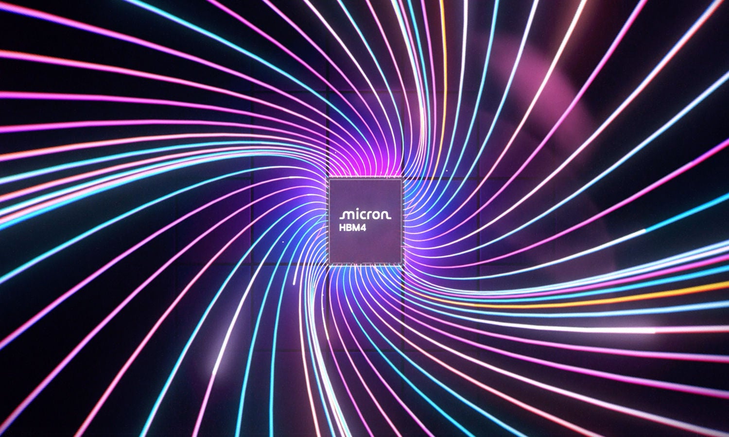 美光 HBM4 内存芯片，表面涂有七彩斑斓的线条
