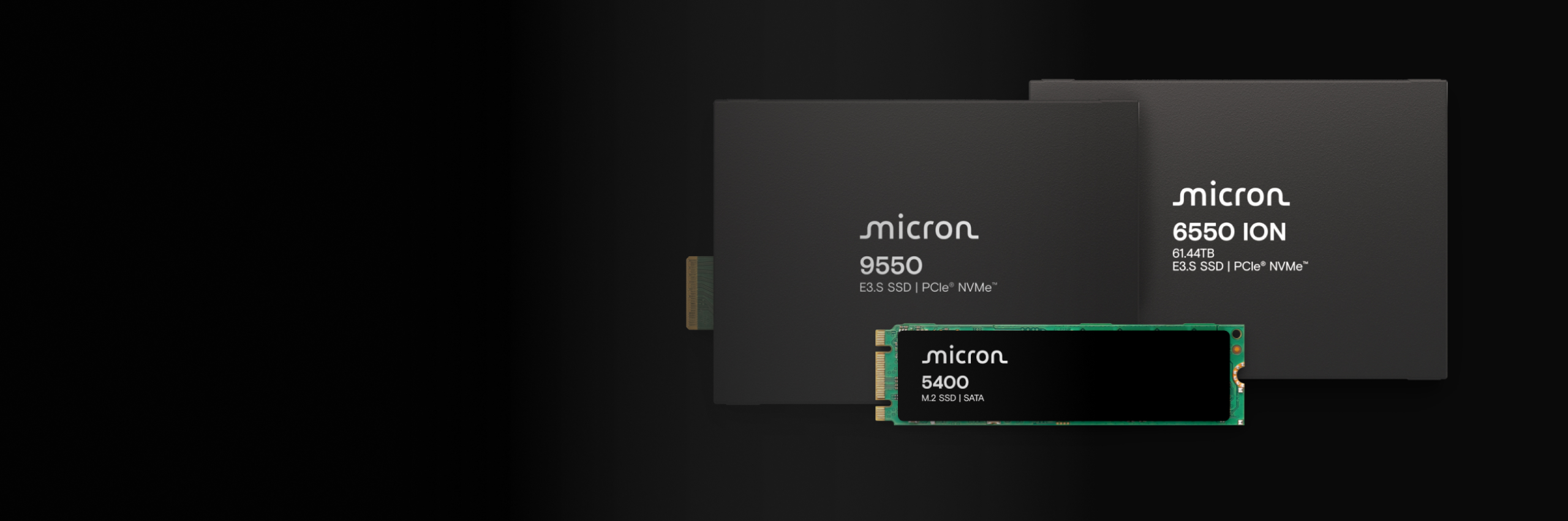 A Micron 9550, 6550 ION, and 5400 SSD arranged together in front of a black background.