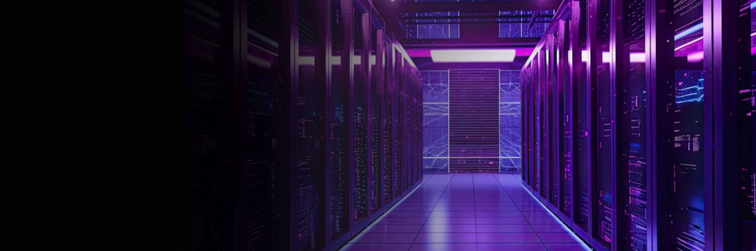 Servers lined up down a hallway with purple lights