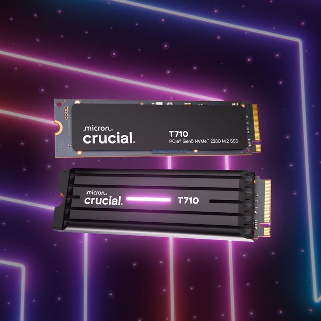 A Crucial T710 and Crucial T710 with heatsink set against a purple and pink abstract design.