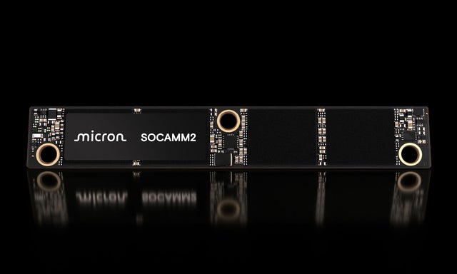 SOCAMM2 module from the front on a black background