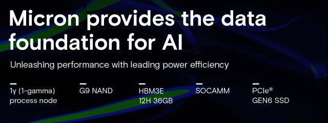 美光为 AI 提供了数据基础，主要包括 G9 NAND、HBM3E 12H 36GB、SOCAMM 和 PCIe GEN6 SSD 等技术，并专注于性能和能效。